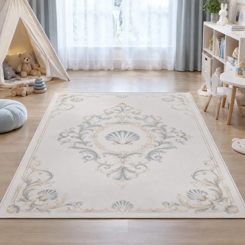 VIKAMA Living Room Rug Misty White Rococo Scroll Shell Cozy Anti Slip Walk In Closet Bathroom Hallway Bedside Home Decoration