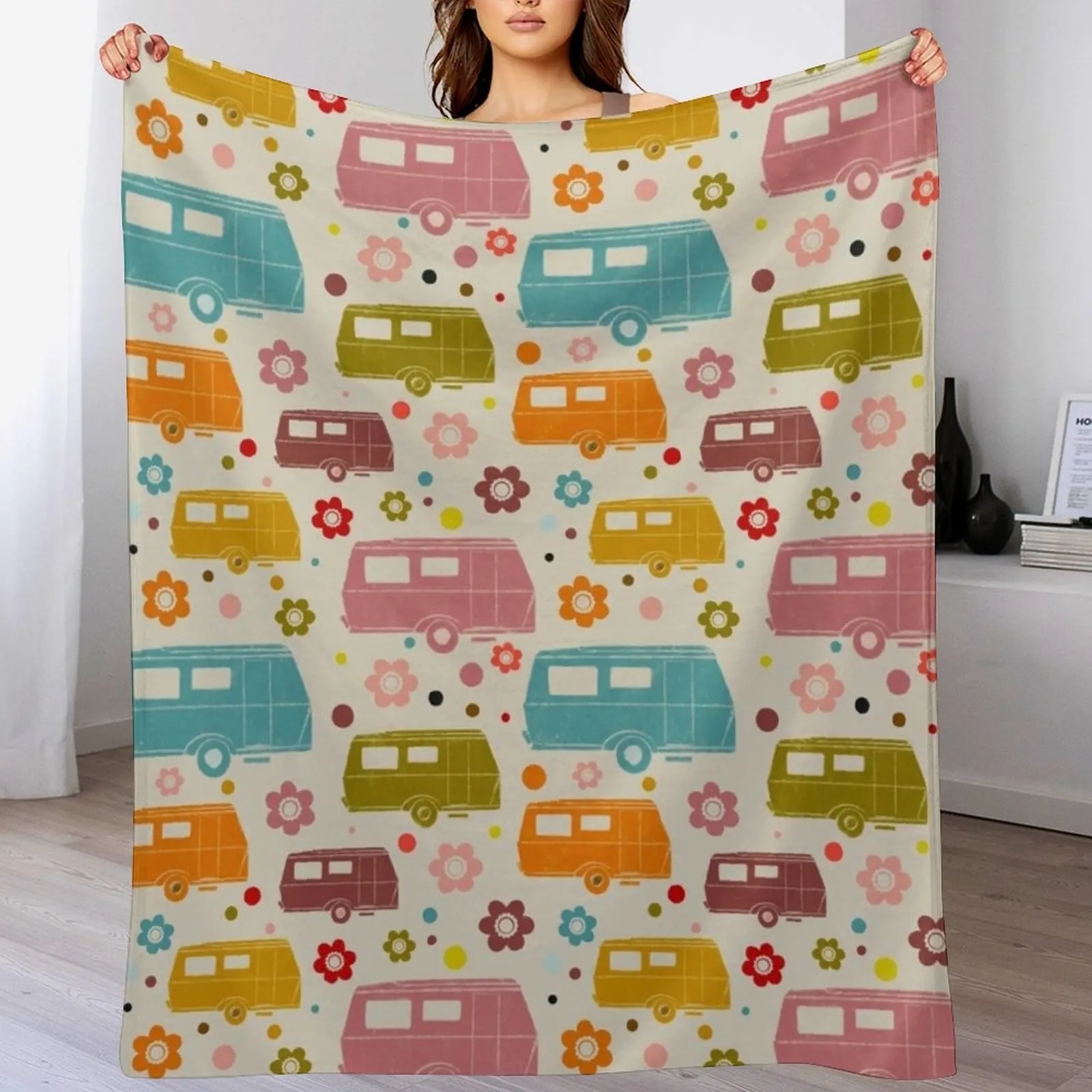 

Colourful Vintage Caravans and Flowers Pattern Throw Blanket Multi Use Warm Blanket for Living Room Bedroom
