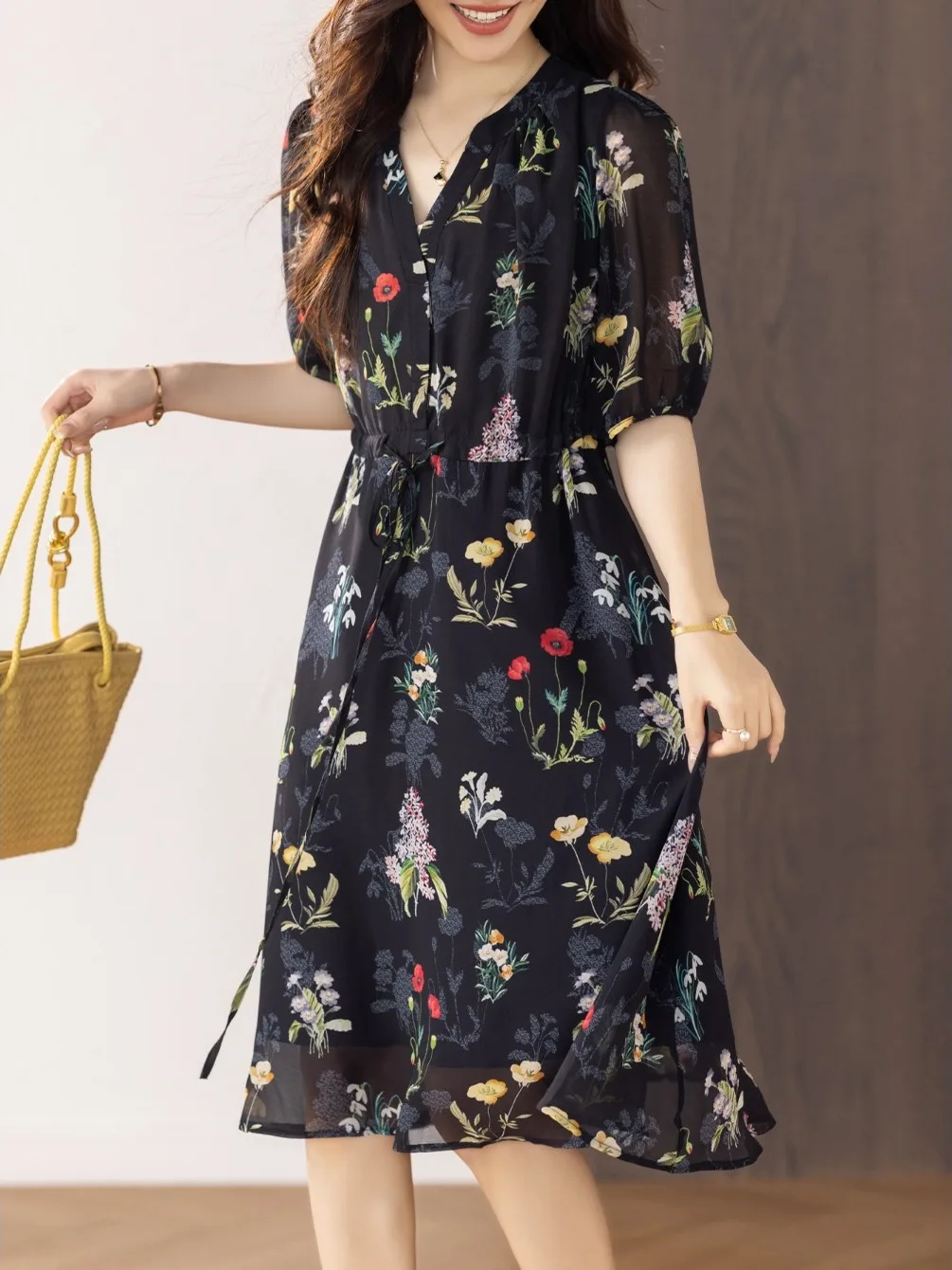 Été 2025 nouveau Sle femmes en mousseline de soie Dr ort Sve imprimé fleuri irt Dr matériau mince v-ne jupe mi-longue