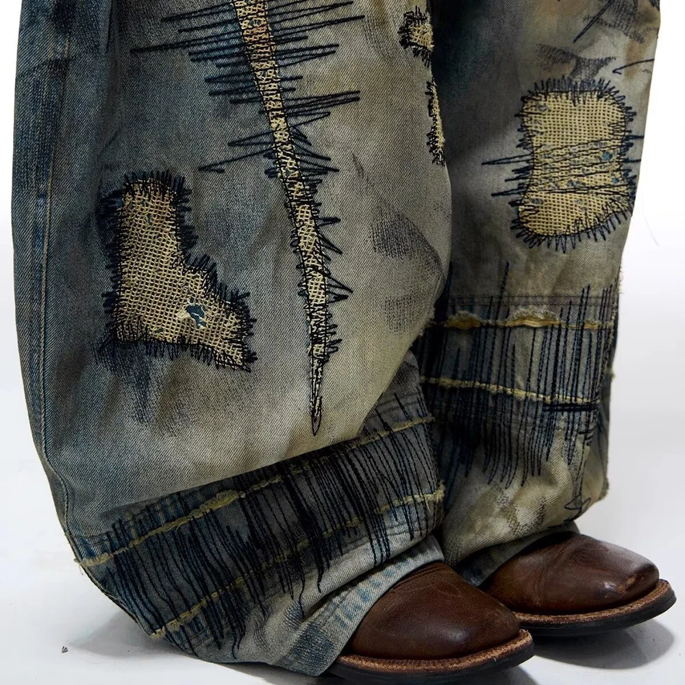 メンズ刺繍ワイドレッグデニムパンツ韓国レトロファッショントレンドストリートヒップホップルーズ通気性ニッチ夏メンズボトムス