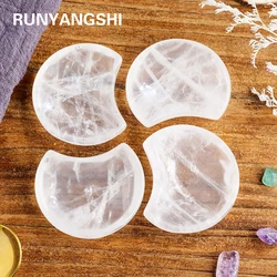Natural Stones White Clear Quartz Crystal Bowl Moon Shape Tray Decorative Collectible Valentine's Day Gift
