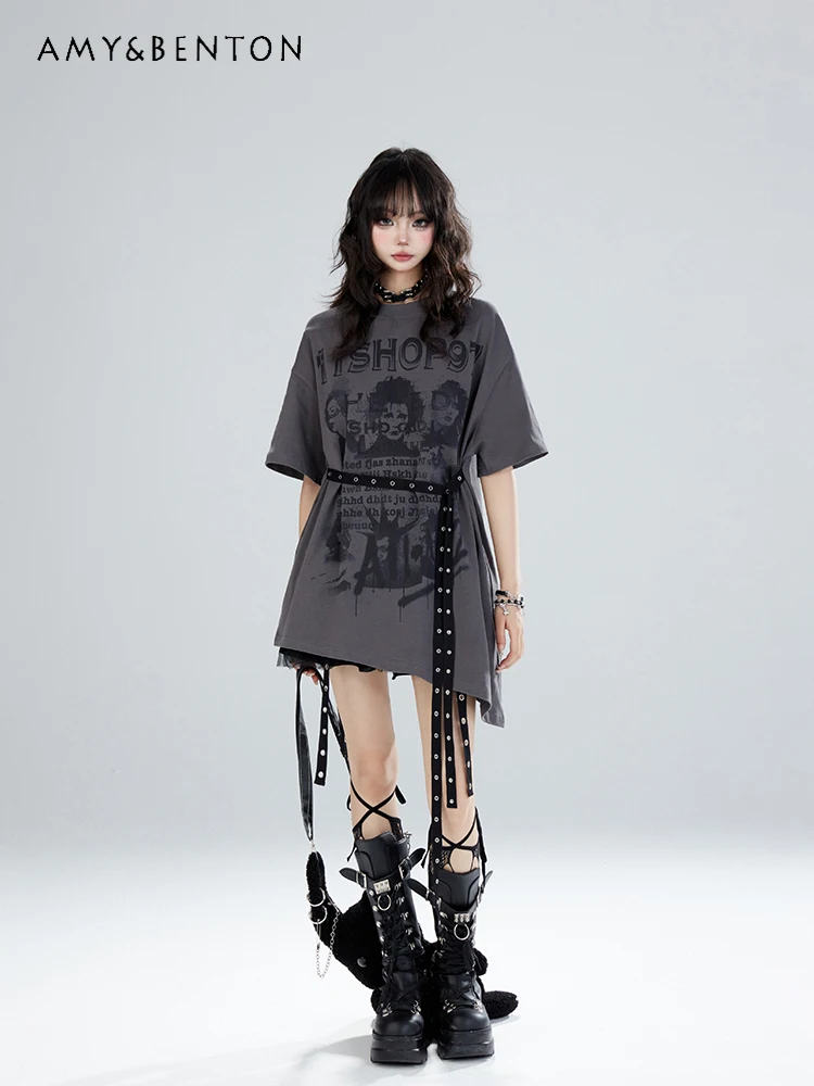 

2025 Summer New Short Sleeve Loose Comfortable Printed T-Shirt Hot Girl Street Style Niche Irregular Cotton Long Top