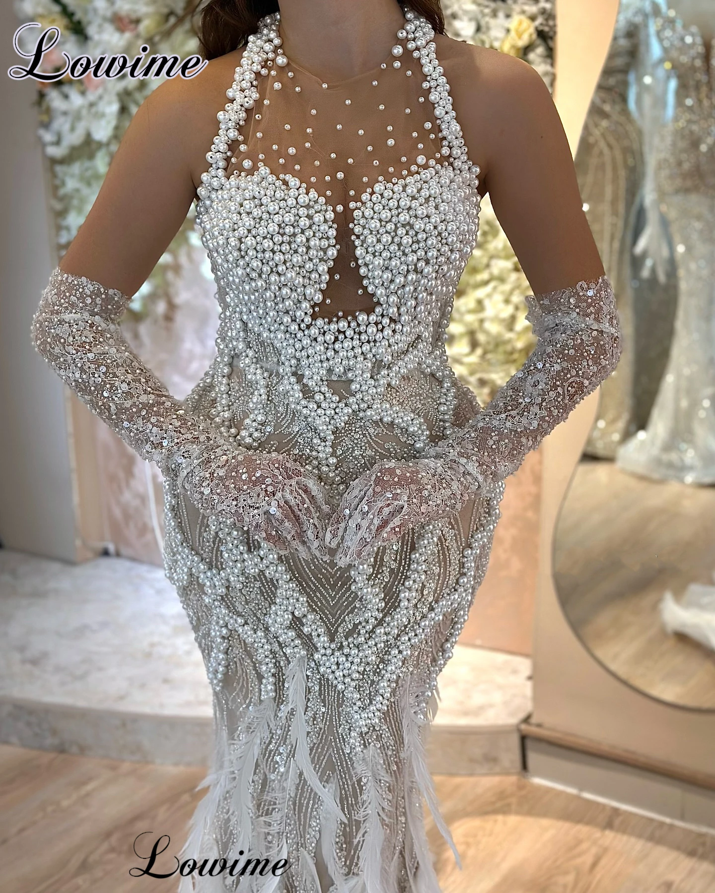 Luxury Cream Color Celebrity Dresses Mermaid Pearls Evening Dresses With Feathers Vestidos De Coquetel Red Carpet Runway Gowns