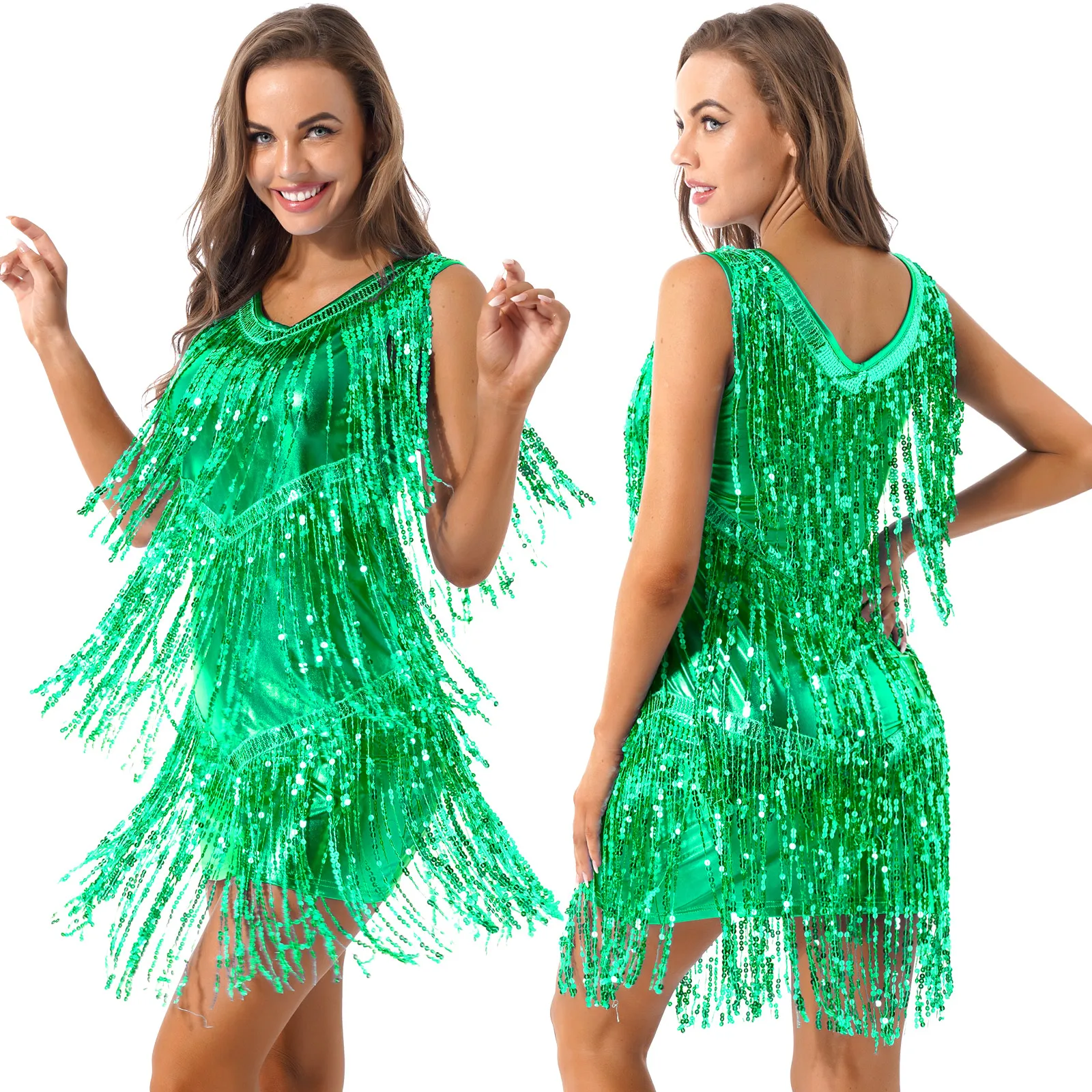 Women Ballroom Samba Tango Latin Performance Dancing Dress V Neck Sleeveless Sparkling Sequin Tassels Cha Cha Dance Costume