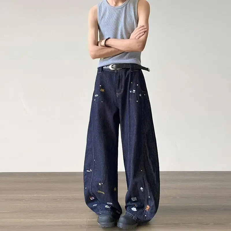 

Мужские джинсы с мультяшной вышивкой в стиле Y2K, широкие, повседневные, осенние, в американском ретро-стиле, свободные, универсальные, из денима, высокого качества