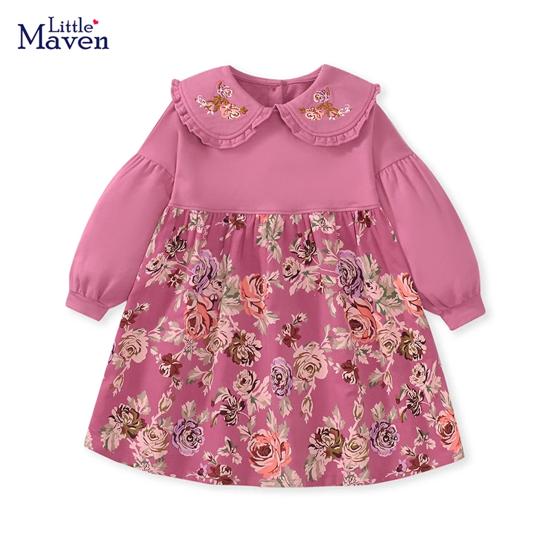 Little maven Autumn Baby Girls Kids Clothes Children\'s Clothing Cartoon Embroidery Flowers Princess Long Sleeves Dress Spring