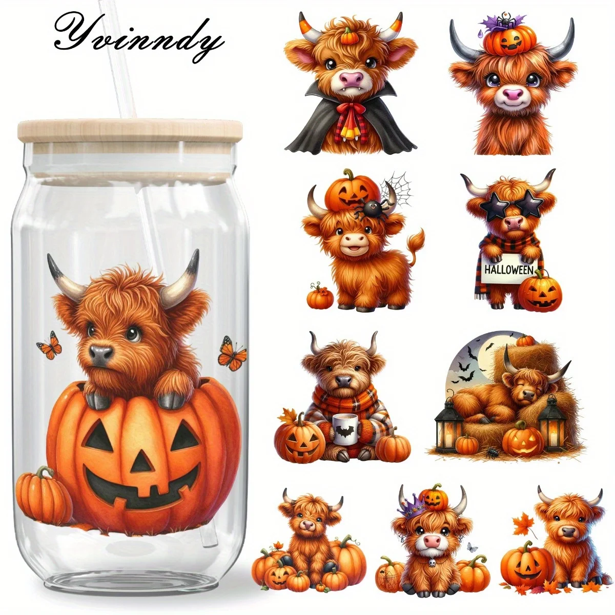 

5 шт./компл. Хэллоуин Хайленд крупный рогатый скот 16 унций стеклянная банка переводная бумага УФ DTF высокая самоклеящаяся переводная бумага для украшения чашек