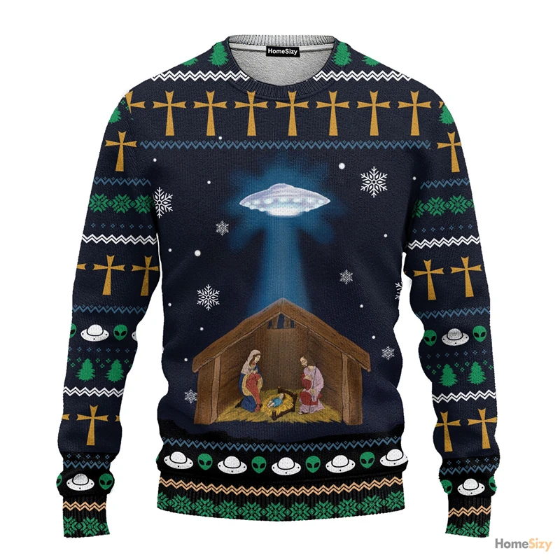 Funny Men Sweater 3D Jesus Printed Christmas Party Sweatshirt Christmas Sweater Men Casual Crew Neck Long Sleeve Pullover Top