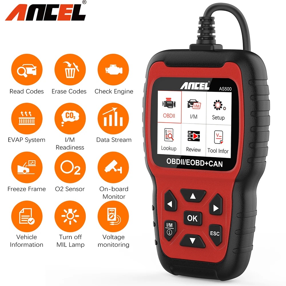 ANCEL AS500 OBD2 Scanner Engine Code Reader Engine Check Turn off Engine Light Full OBD2 Function Diagnostic Tool