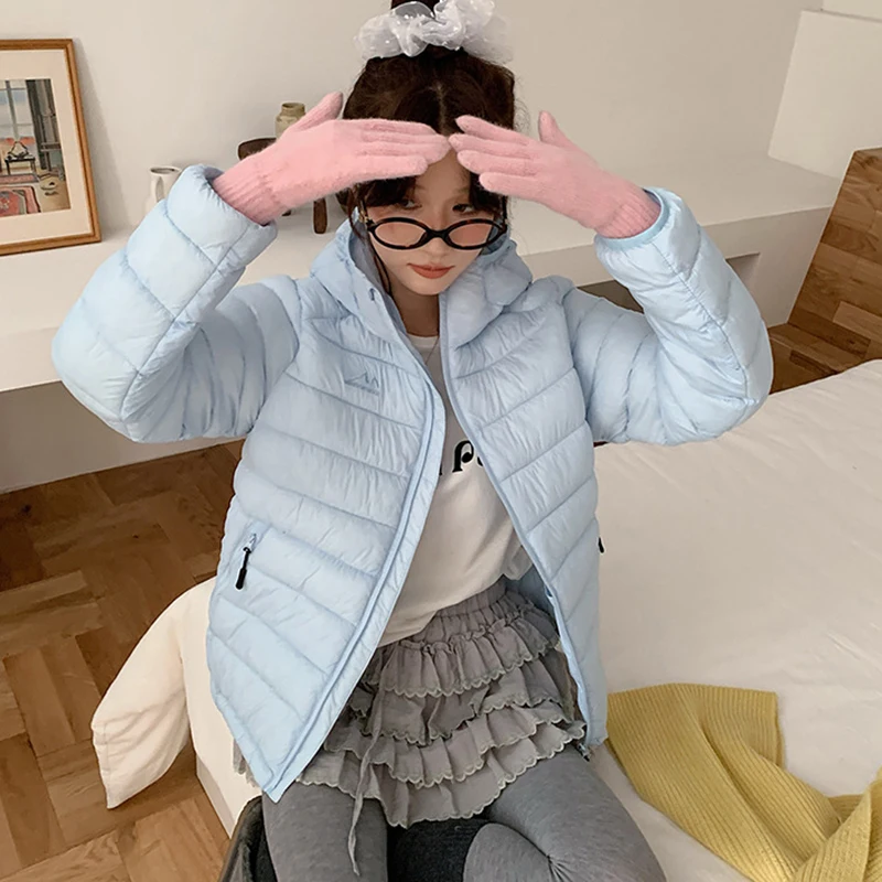 Lightweight Down Cotton Jackets Women Autumn Winter Warm Long Sleeve Hooded Parkas Woman Solid Zipper Up Short Cotton Parkas