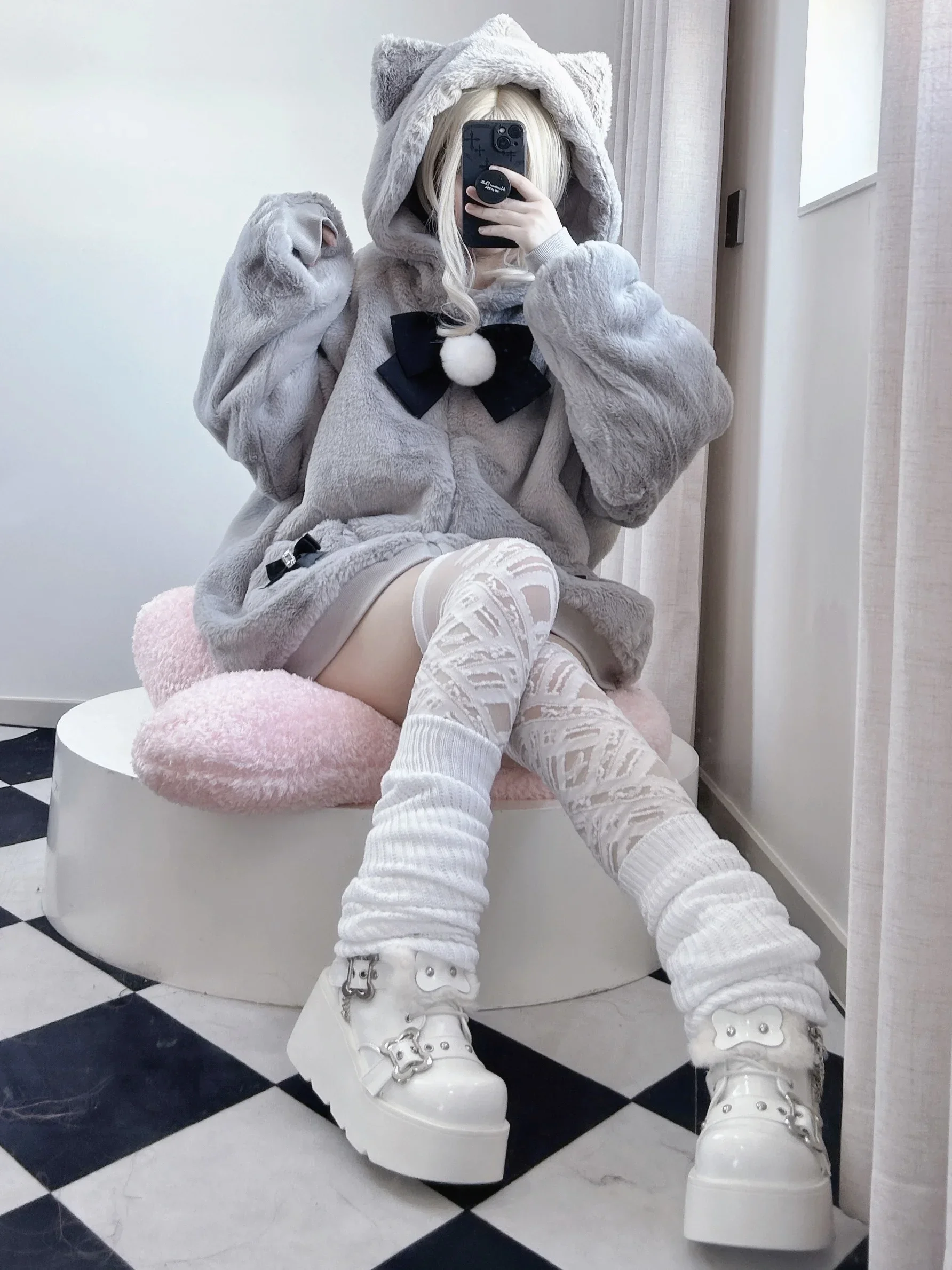 Japanese Mine Style Mass-produced Bow Cat Ear Plush Cute Winter Jacket Coats Loose Zipper Hooded Plush Hoodies Sweatshirt Women