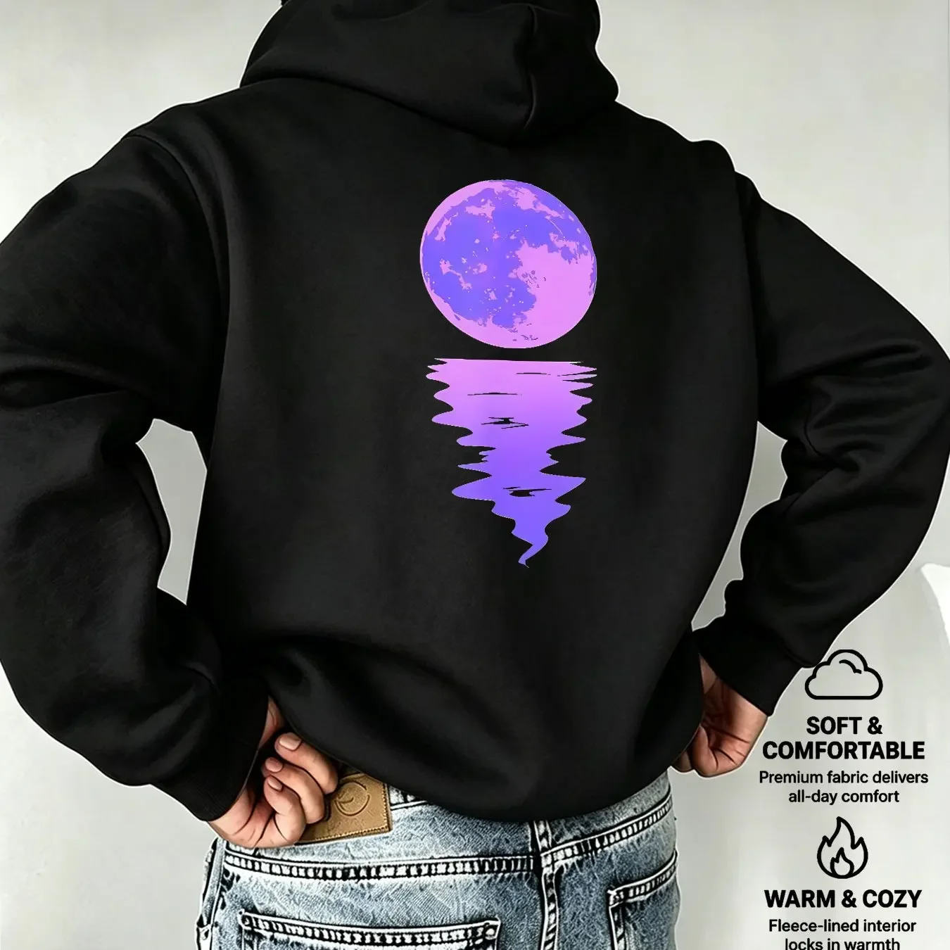 2026 NEW Men's Hoodie Purple Moon Water Reflection Graphic Back Print Casual Loose Streetwear Pullover Sweatshirt