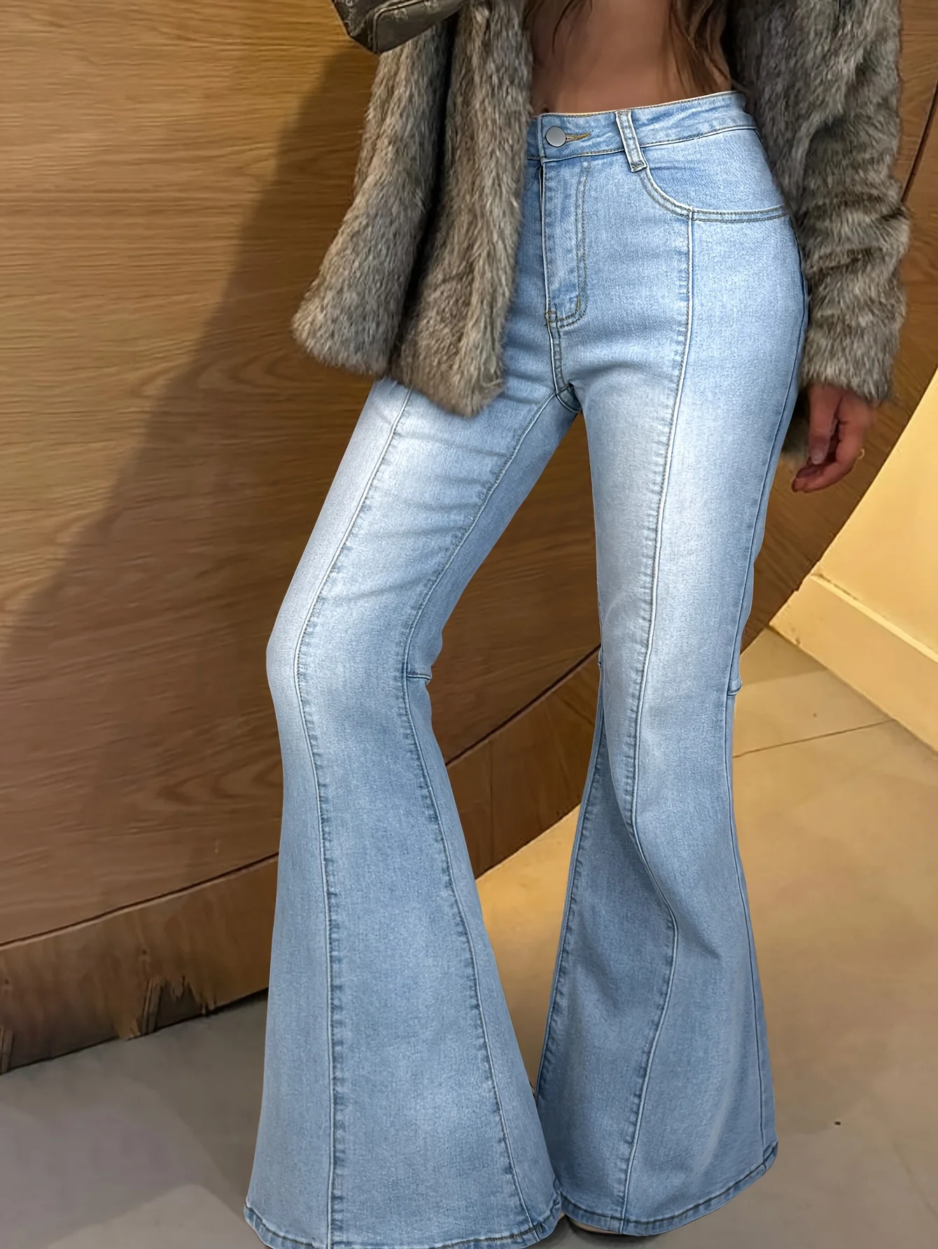 Women's Light Blue Flare Jeans - Mid-Rise, Stretch Denim with Slant Pockets, Comfort Fit with Gradient Color Design