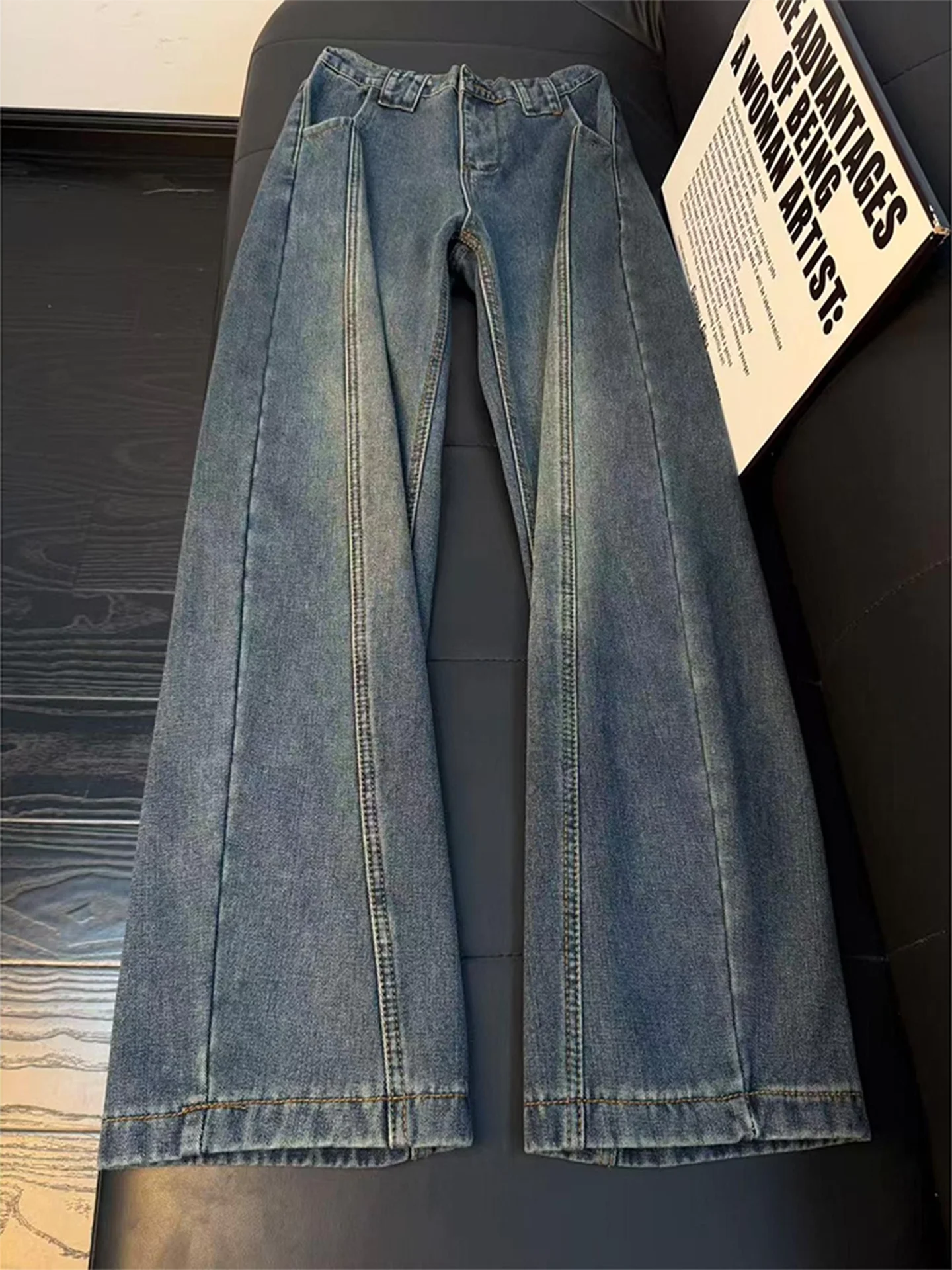 

Retro American Sle Thiened Fce Lined Men's Straight Leg Jeans Knife Distred mid Waist Youth Trendy Slim Fit