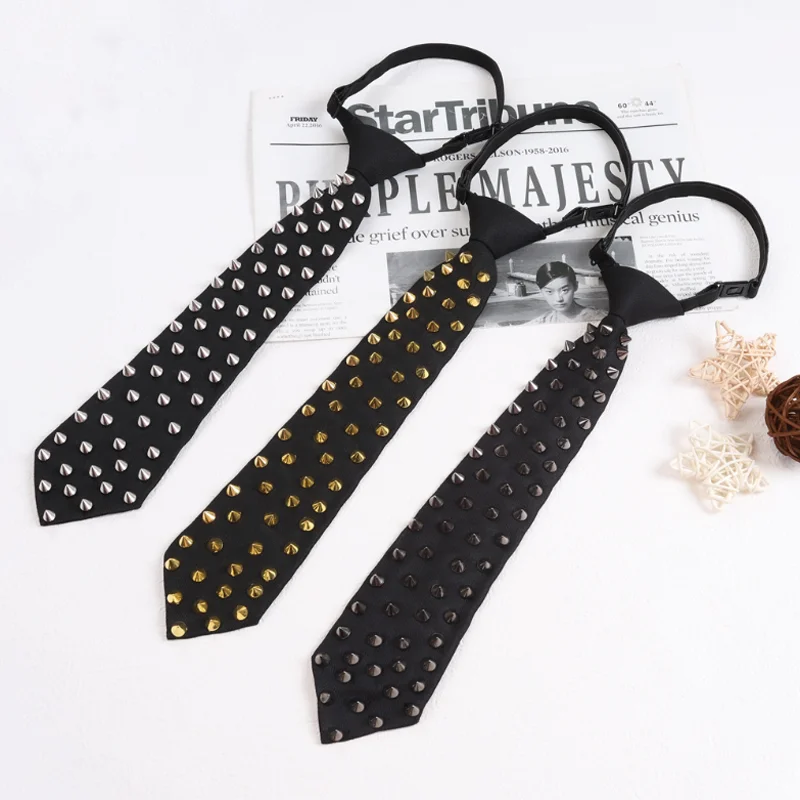 women-men-metal-rivet-tie-knot-black-solid-neck-tie-girls-clothing-decorative-ties-personality-diy-detachable-collar-ties