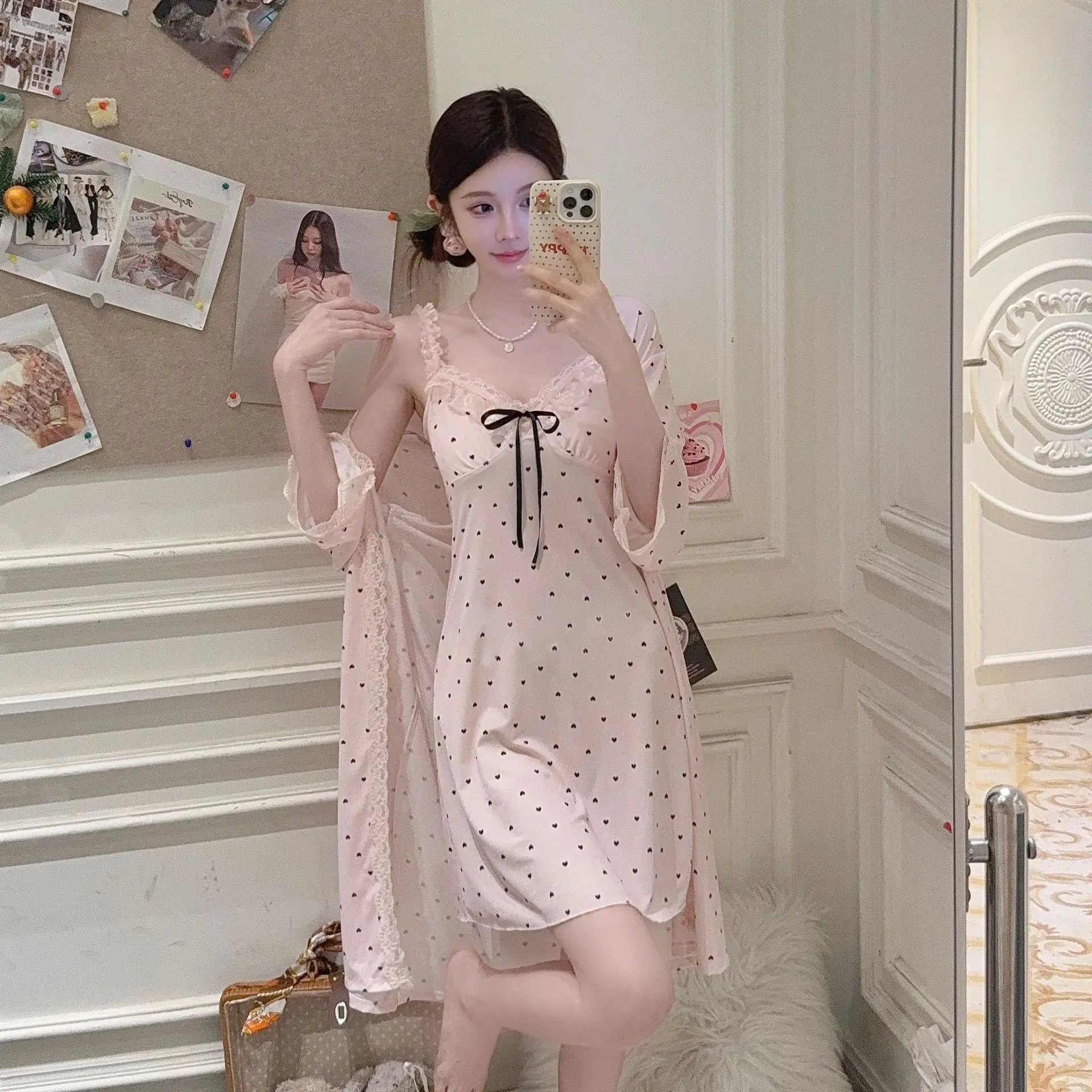 

2PCS Robe Set Female Love Heart Print Satin Nightdress Sexy Lace Trim Sleep Suit Home Dress Gown Spaghetti Strap Nightwear