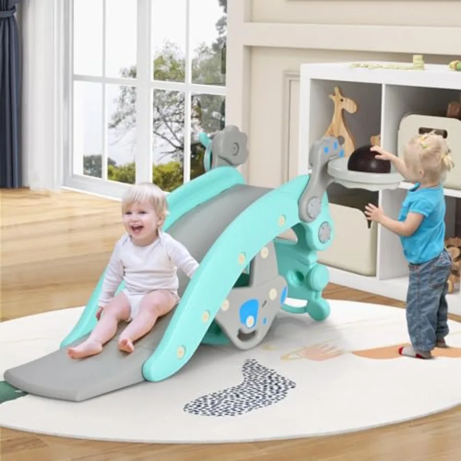 Toddler Slide Rocking Toy, 6 in 1 Convertible Freestanding Slide for w/Basketball Hoop/Ring Toss Game/Rocking Horse/Stool, Fold