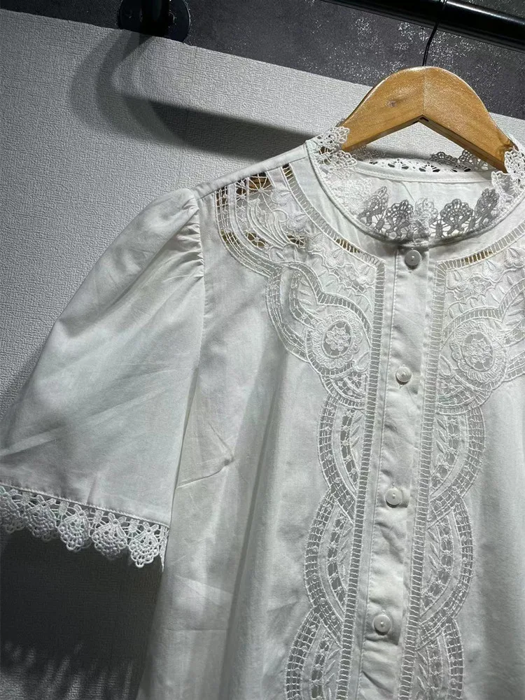 White Women Short Sleeve Blouse Embroidery Stand Collar Single Breasted Lace Hollow Out Ladies Casual Shirt 2024 Summer