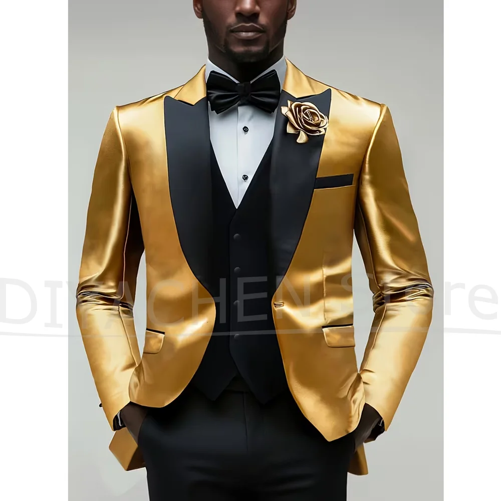 

Mens Shiny Gold Tuxedo Suit 3 Piece Peak Lapel Blazer with Vest and Pants Formal Wedding Groom Prom Party Luxury Dinner Outfit