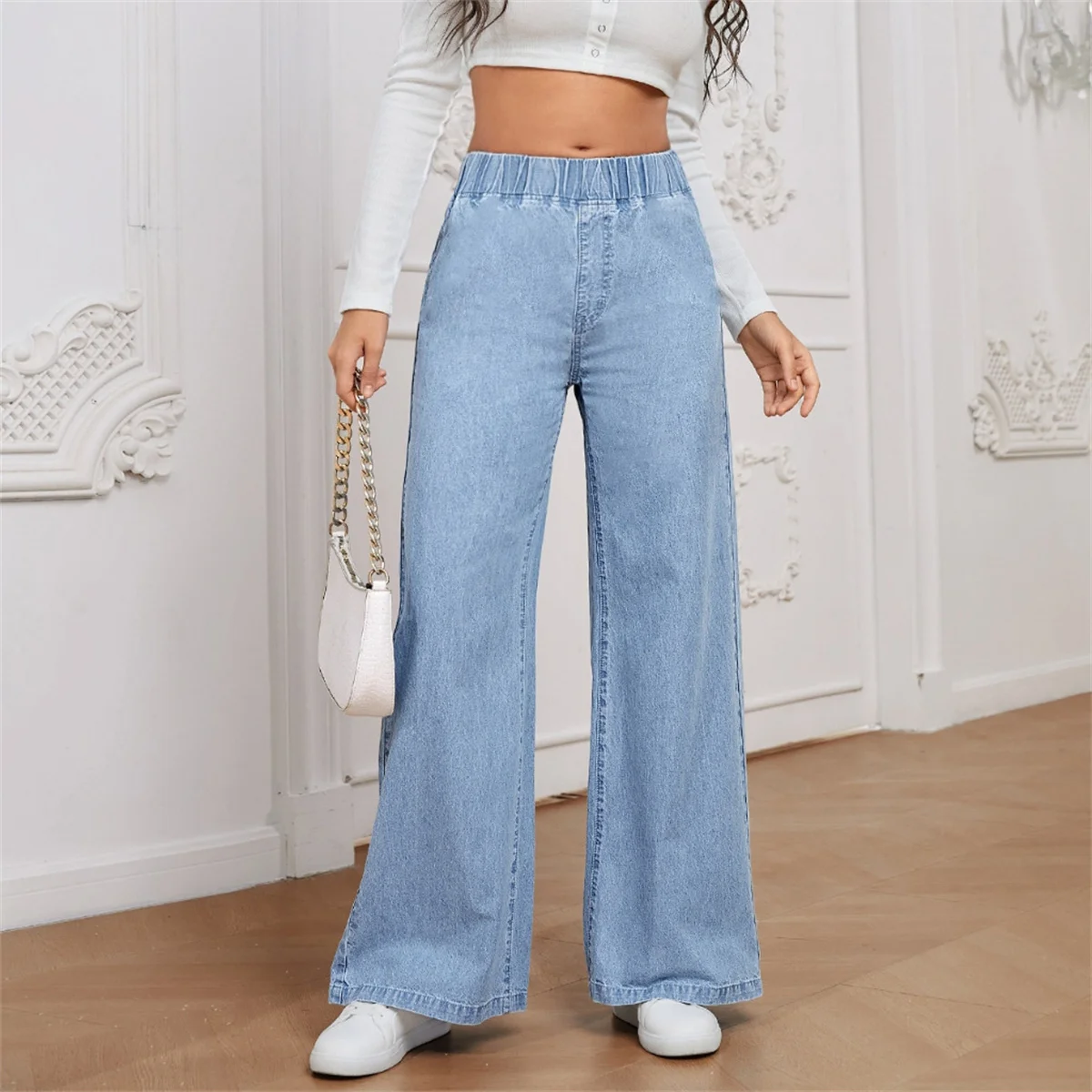 Women Fashion Vintage Denim Jeans High Elastic Waist Solid Pants Female Street Y2K Casual Trousers Lady Autumn Spring Chic Pant