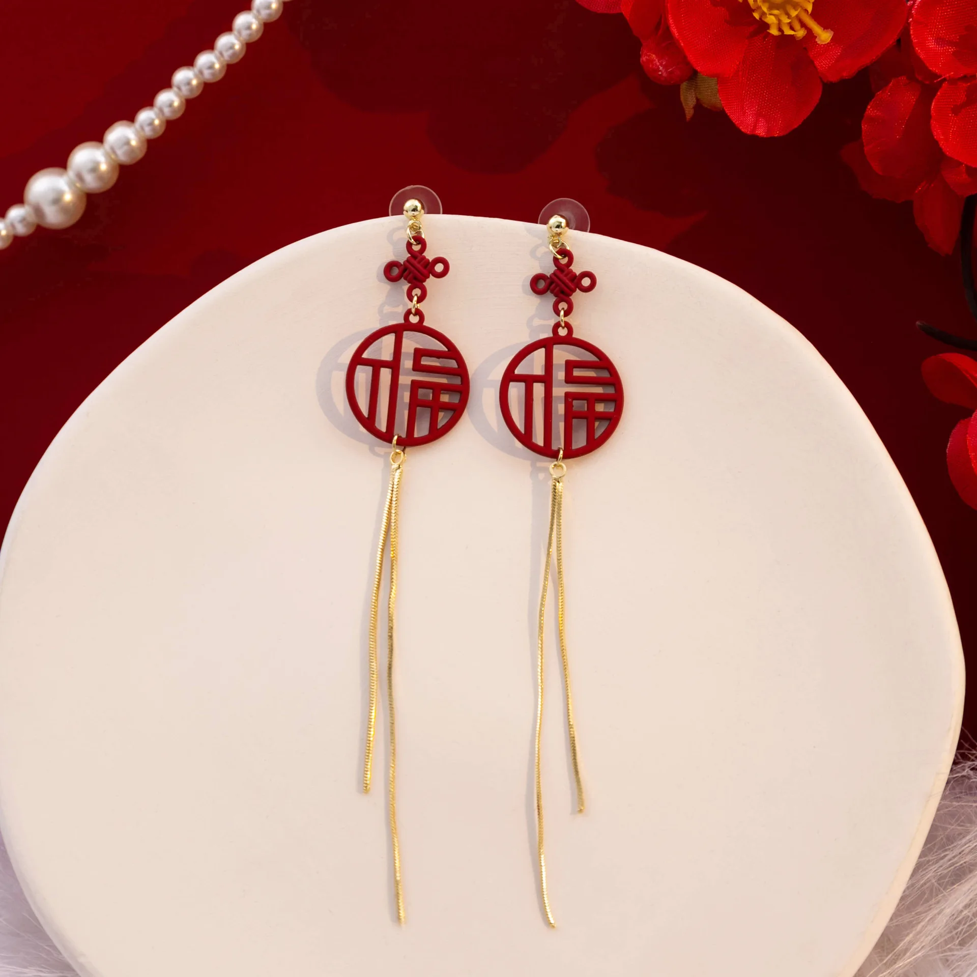 

Chinese Style New Year Festive Jewelry Gifts Red Little Lion Bell Pendant Earrings for Women The Year of The Dragon Gift