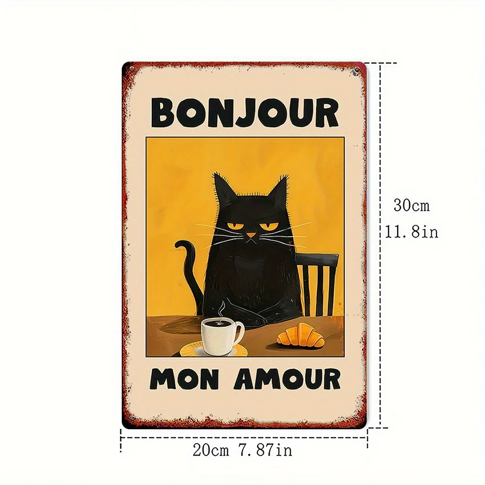 1pc Vintage French-Inspired Metal Wall Art Sign - Black Cat Coffee & Bread Retro Tin Decor with Bonjour & Mon Amour Text