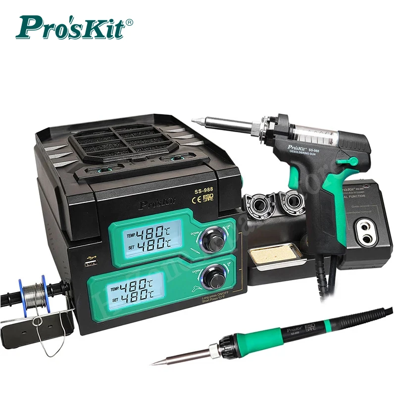

Pro'sKit SS-988H Soldering Station Digital LCD Display 220V Smoke Exhaust Soldering Iron For SMD Desoldering Rework Station