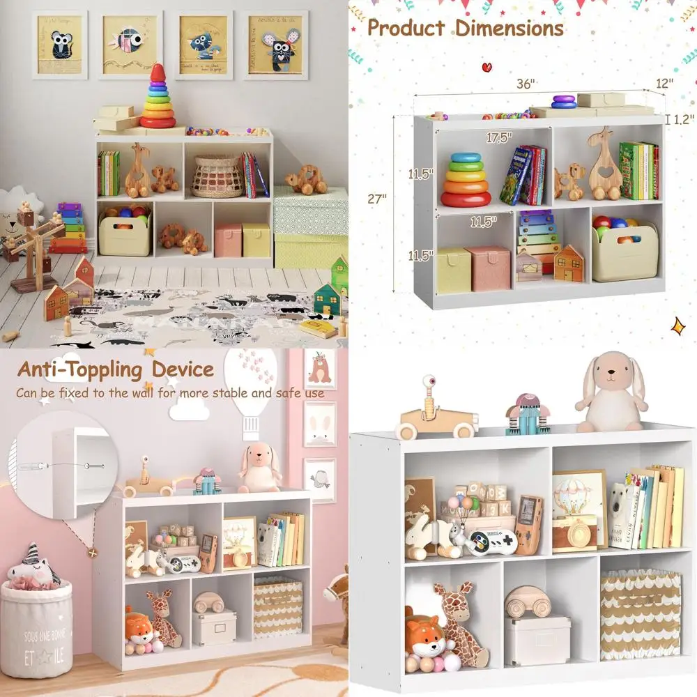 5-Section Kids Bookcase Organizer with Raised Edge for Toys, Books, and Playroom Essentials