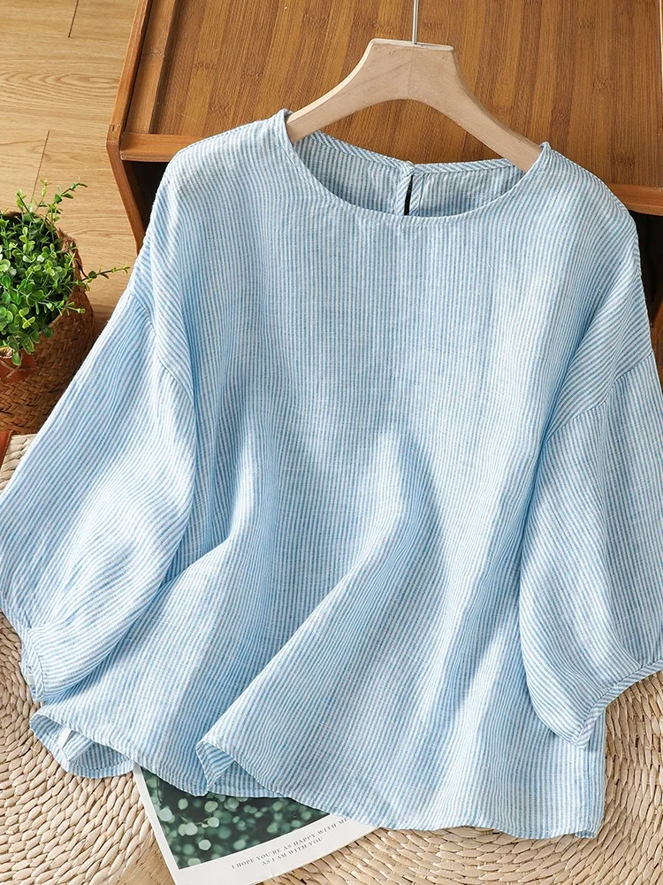 

High-End Artistic Linen Stripe Lantern Sleeve Shirt Women Summer Loose Slimming Cotton Linen Top Age-Defying Short Sleeve Shirt