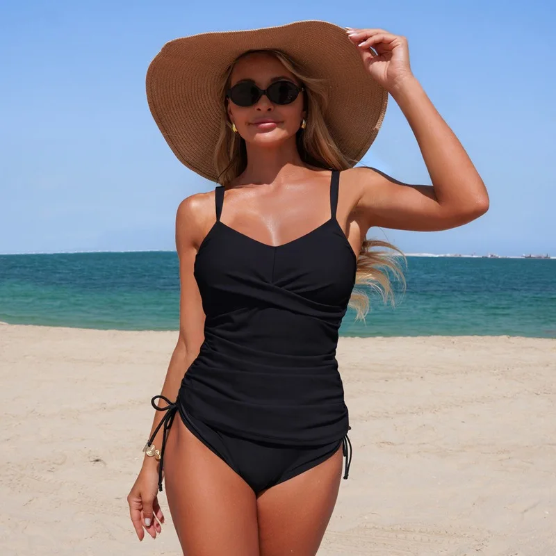 

2026 Новый однотонный купальник женский с высокой талией и v-образным вырезом из двух частей комплект бикини на подтяжках купальный костюм на шнуровке с открытой спиной купальник