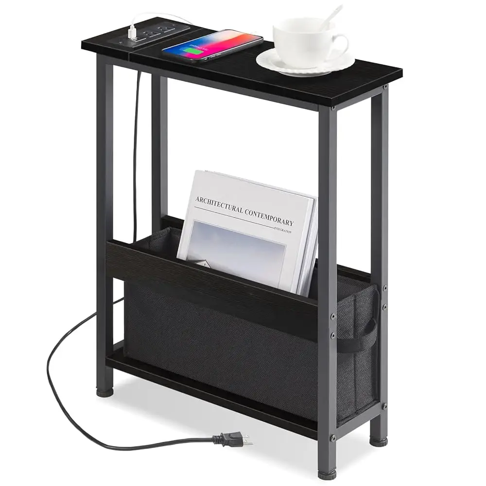 

Slim Charging End Table with Storage - for Small Spaces and Bedroom (Black)