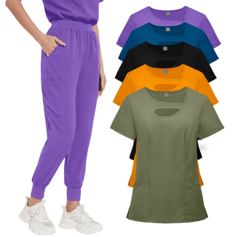 

Hollow Women's Solid Color Work Clothes Beauty Salon Short-sleeved Trousers Thin Work Clothes Set