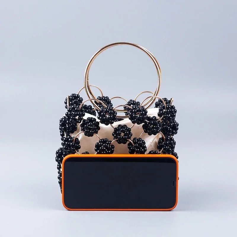 New Arrivals Handmade Black Ball Beaded Handbag Gold Metal Handle Elegant Women\'s Bag High Quality Hollow Out Evening Bag Clutch