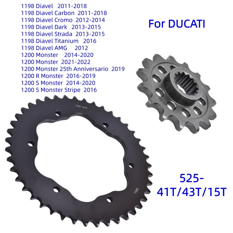 Piñón Delantero 15T y Trasero 41T 43T para Moto 525 15/41/43T, Compatible con DUCATI 1198 Diavel Carbon Cromo Dark Strada Titanium AMG 1200 R S Monster