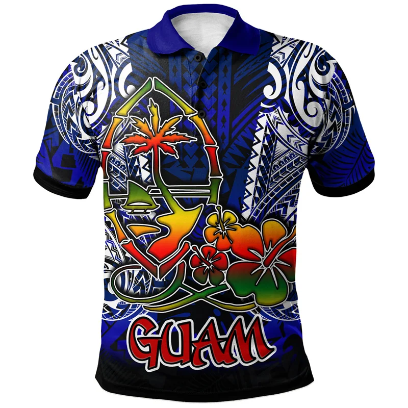 Hawaiian Polynesian Graphic Polo Shirt Men 3d Print Guam Hibiscus Flowers Short Sleeves Button Tees Casual Street Lapel T-Shirt