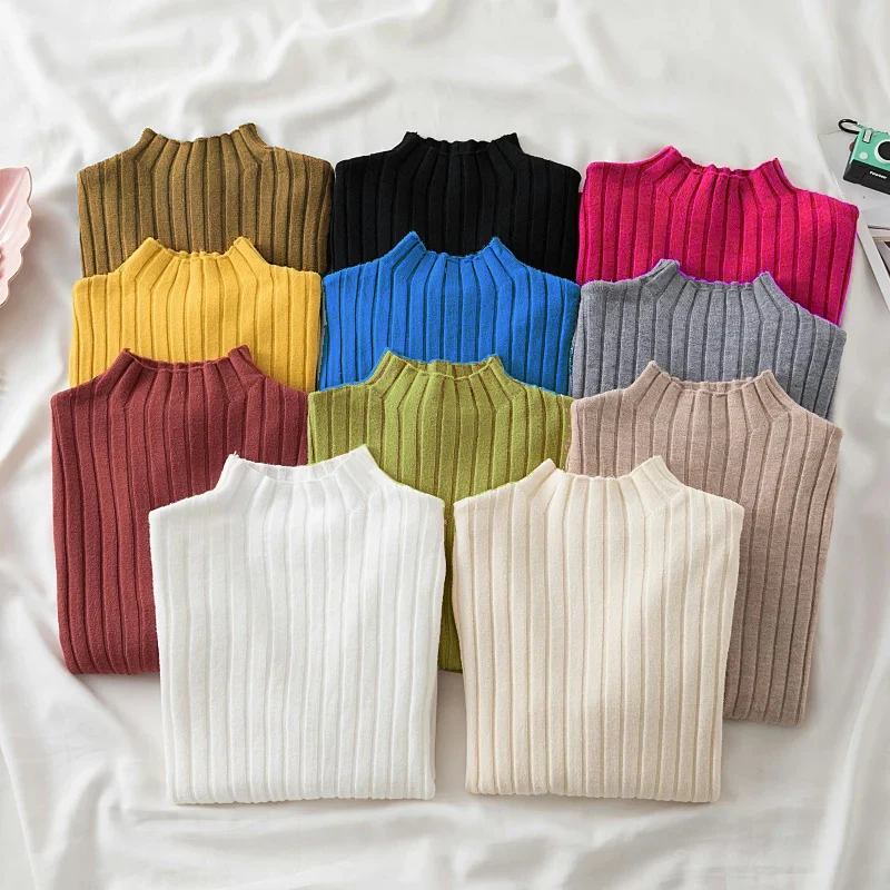 Women Pullover Ribbed Knitted Sweater Autumn Winter Pullovers Turtleneck Long Sleeve Slim Basic Solid Female Sweaters Tops