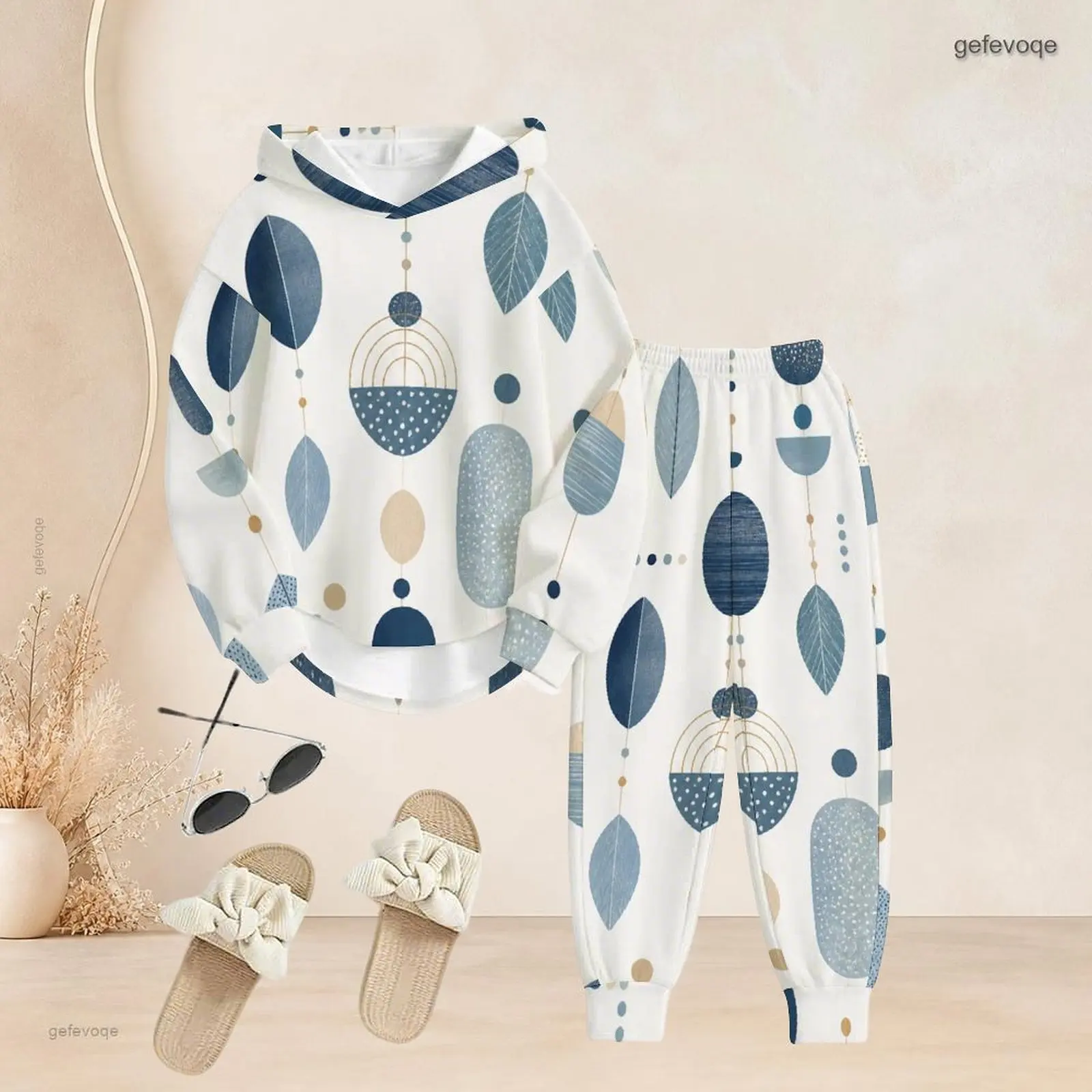 Women Pants Set with Print Long Sleeve Hooded Top Cuffed Pants Two Piece