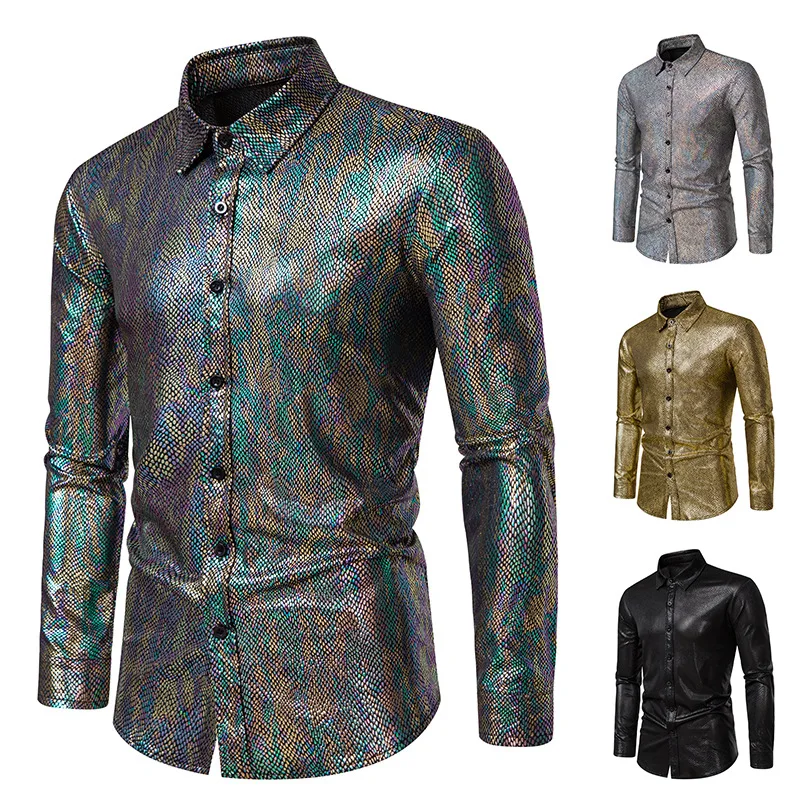 Camisa de manga larga para hombre, prenda de vestir con estampado de piel de serpiente, ideal para escenario, banquete, primavera y otoño, a la moda, novedad