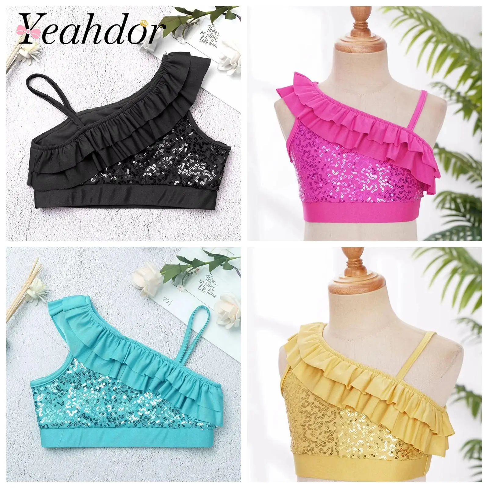 

Fashion Girls Tank Crop Top Summer Sleeveless Asymmetrical Sequins Ruffled Camis for Dancing Jazz Hip-hop Children's Clothes