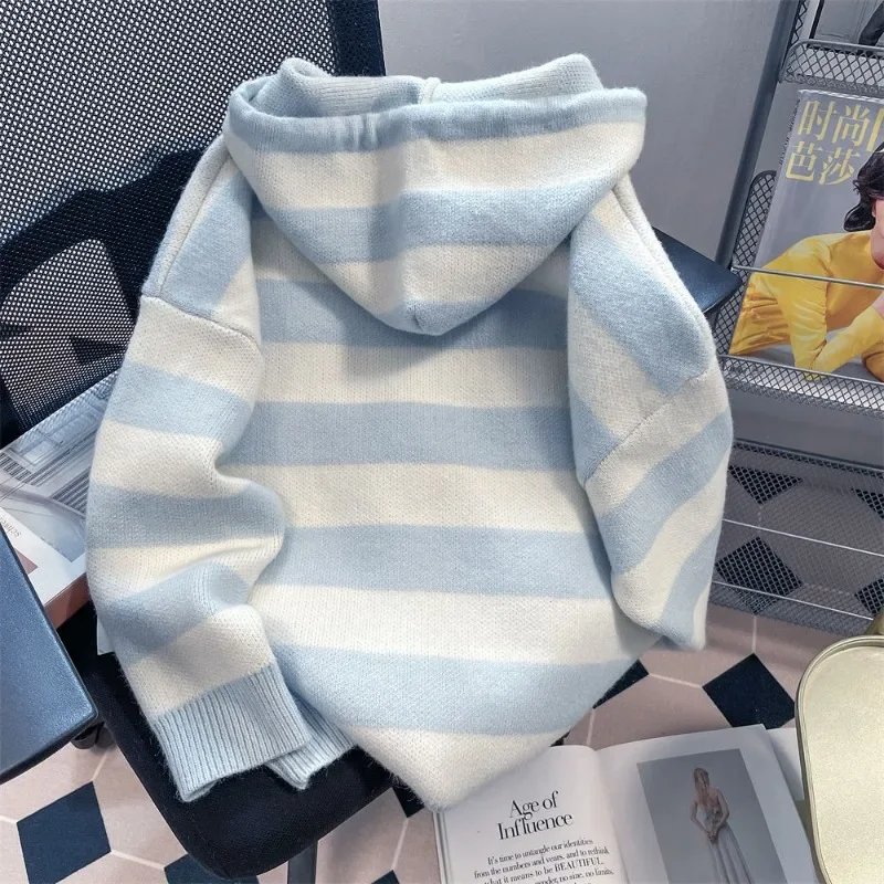 Cinnamoroll Sweater Miniso Blue Stripe Thickening Loose Coat Autumn Winter New Comfortable Versatile Hooded Knitting Cardigan