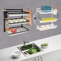 3-Tier Wall Mount Dish Drainer with Pull-Out Drip Trays, No Drill Installation Adjustable Spacing, Knife & Utensil Holder
