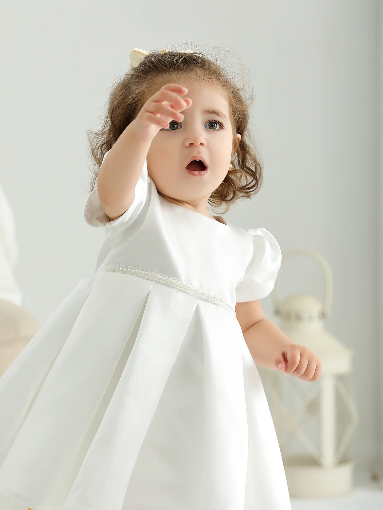 Soft Satin Hand Made Pearl Decoration Ruffle Elegant Party Wedding Baptism Baby Dress