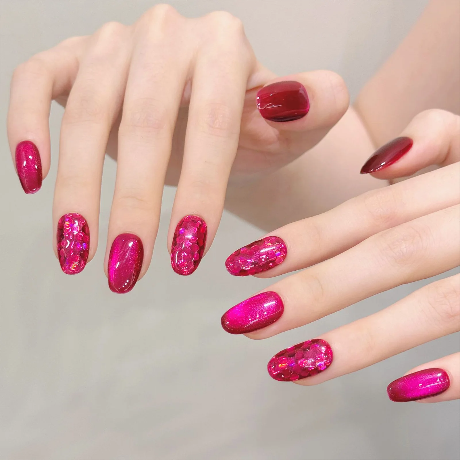 10pcs Handmade Press On Nails Rose Red Flash Sequins Almond False Nails Wearable Glitter Pitaya Color Cat's Eye Fake Nails Tip