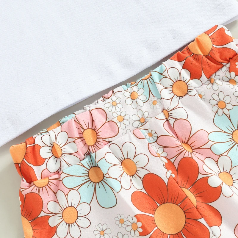 Toddler Baby Girls Pants Set Crew Neck Short Sleeve Letters Print T-shirt with Flower Print Flare Pants and Hairband