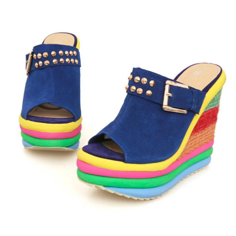 Summer Sexy Bohemia Casual Rainbow Peep Toe Platform Sandals for Women Wedges Sandalias Plataforma Shoes High Heel Tacones Mujer