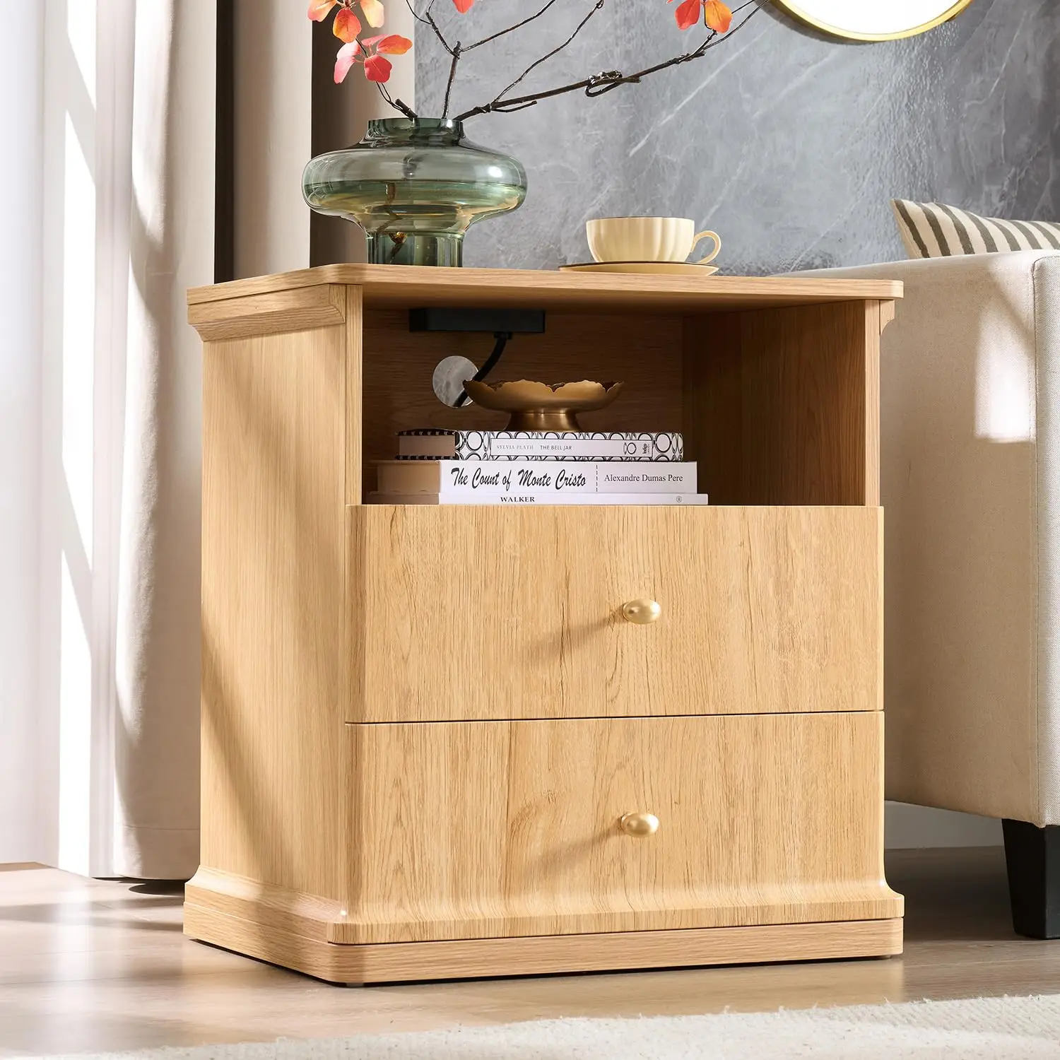 23.6" Tall Modern Nightstand with Charging Station, Wood Bedside Table w/2 Storage Drawers & Open Shelf, Mid, Customized