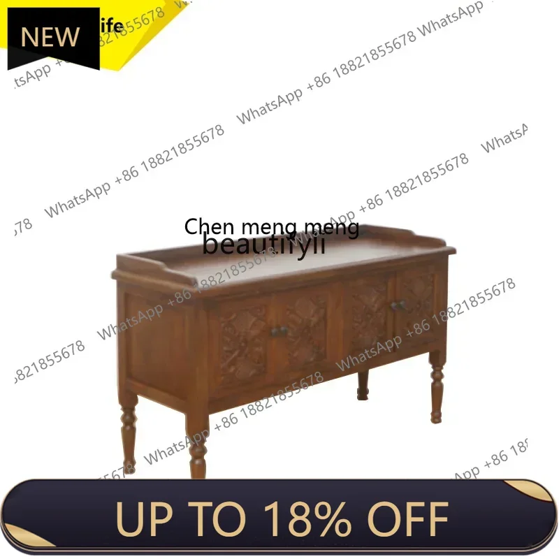 

P178 American solid wood dining side cabinet retro pastoral carved oak porch cabinet antique tea locker