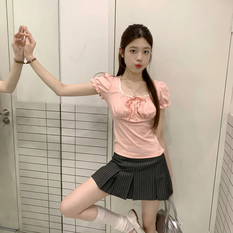 

Sweet Button-up Top Women's Summer Cute Slim-fitting Contrast Lace Stitching Bow Square Collar T-shirts Y2K Tees