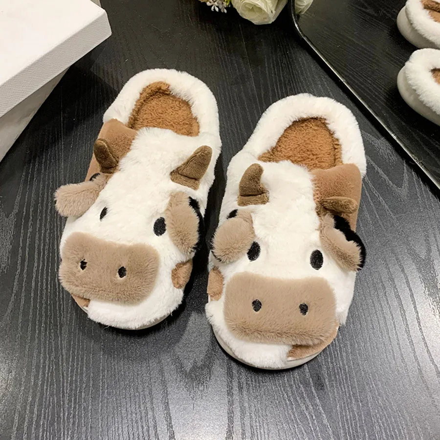 Nuovo inverno unisex cartone animato mucca calde pantofole di peluche coppia indoor antiscivolo casa diapositive uomini e donne toe wrap casa scarpe