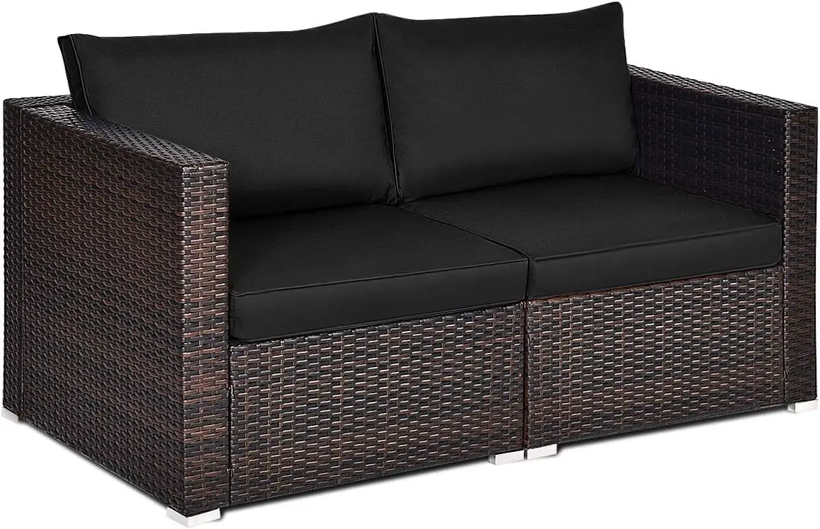 Wicker Loveseat 2 Piece, Patio Furniture Couch w/ Removable Cushions, Rattan Loveseat Sofa for Balcony, Deck, Garden & Poolside